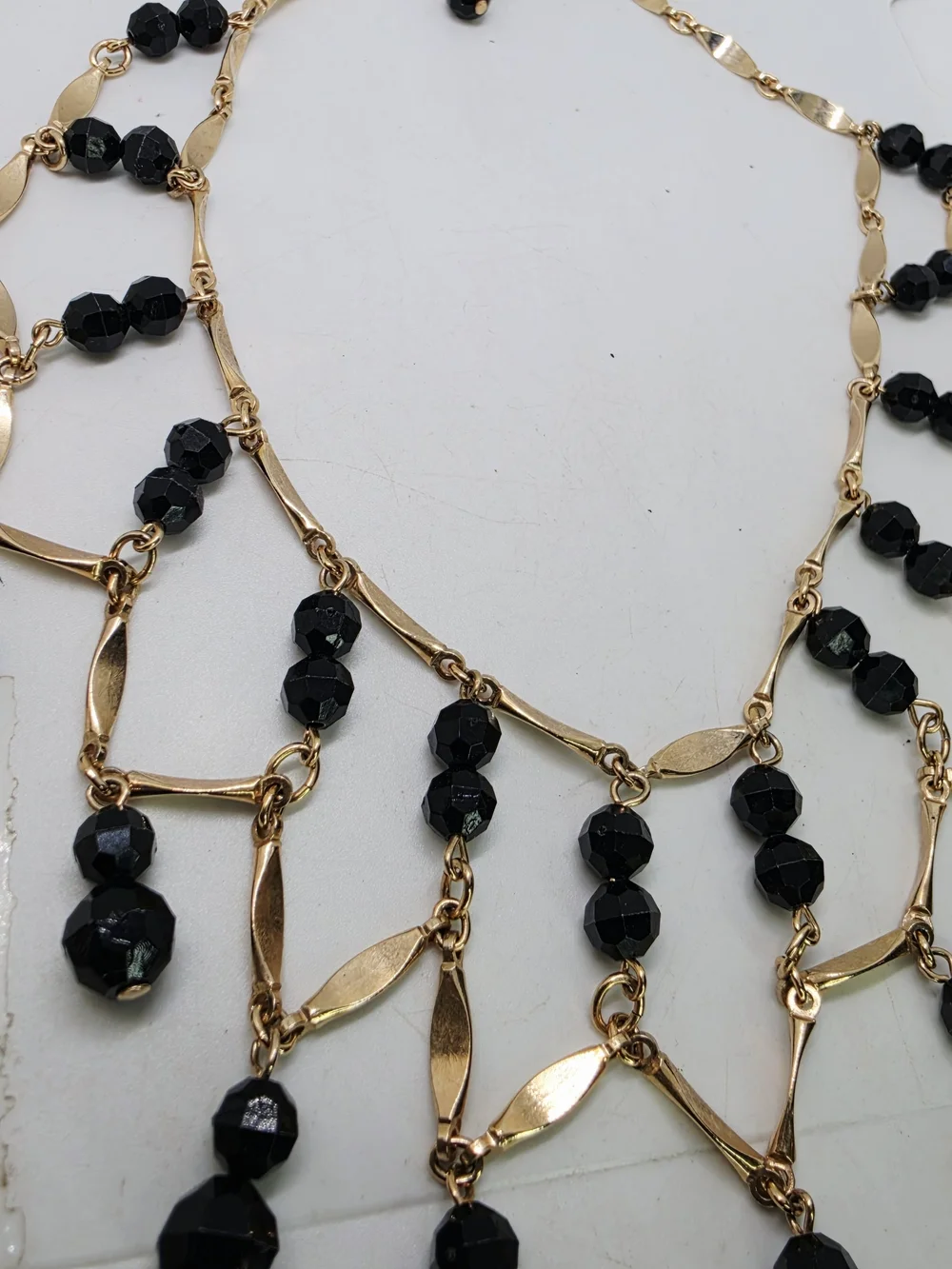 Vintage Art Deco Revival Black Glass Bead Festoon Collar Gold Tone Lattice Fring